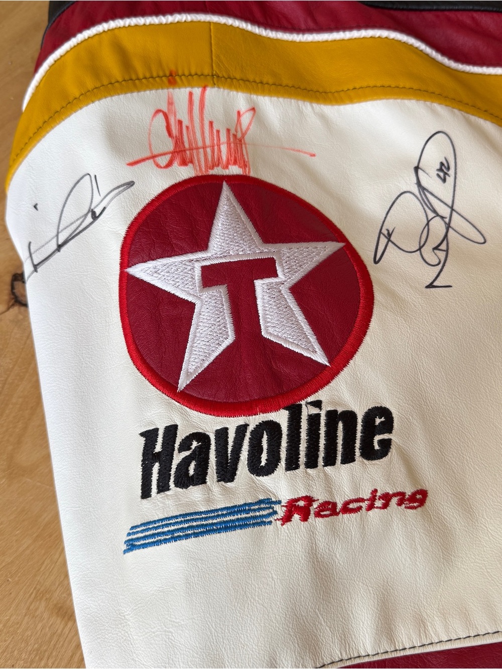 CUSTOM VINTAGE CHEVRON TEXACO NASCAR RACING LEATHER JACKET 3 AUTOGRAPHS MEN XL - Picture 6 of 16